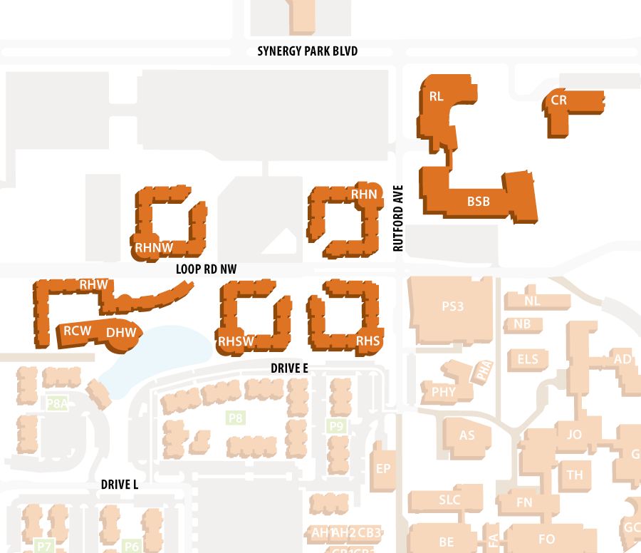 campus map showing exclusion zones - resident halls, NSERL, BSB and Callier Center