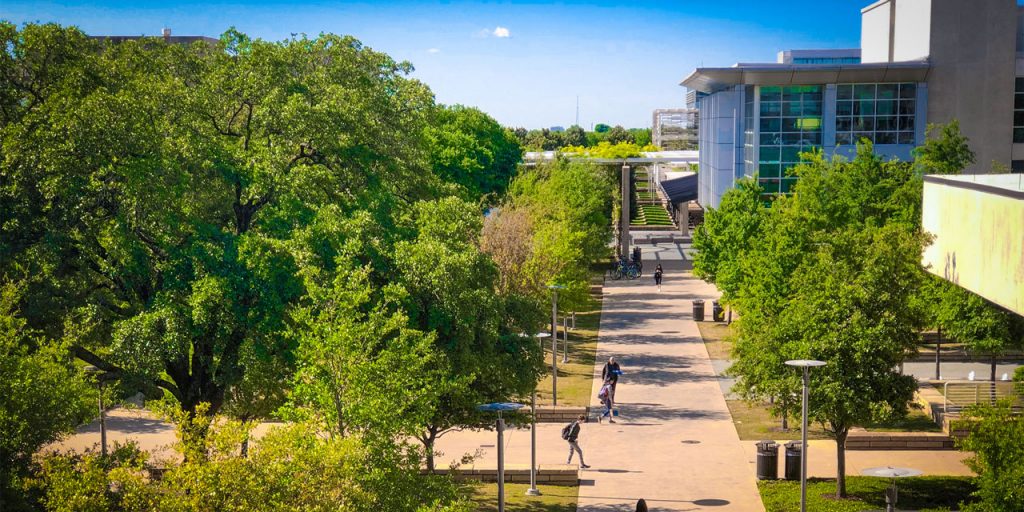 Photo of UTD campus, taken by the UT Dallas Office of Communication