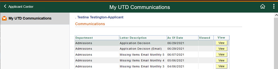 Screenshot of My UTD Communications screen with example communications listed. 