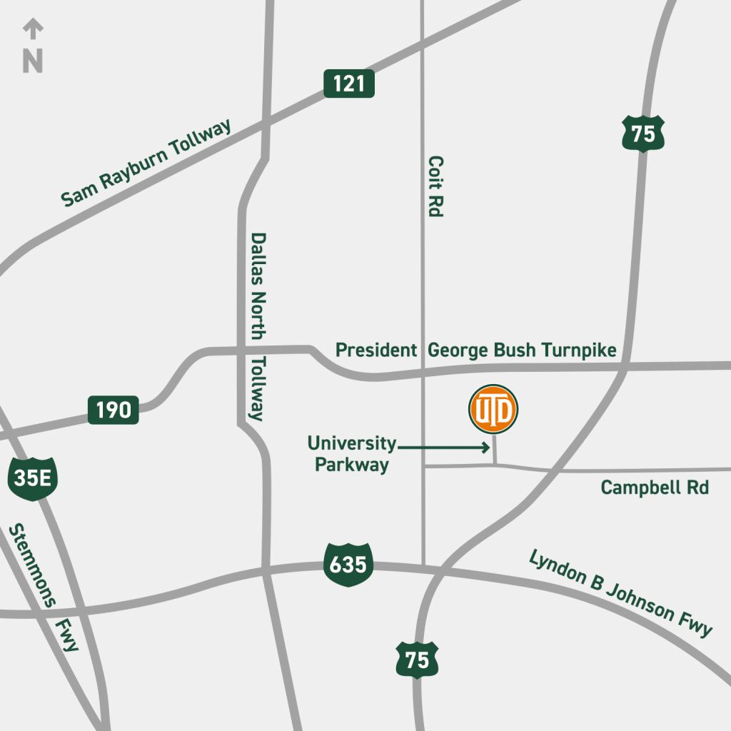 Map of the area and roads surrounding UT Dallas.