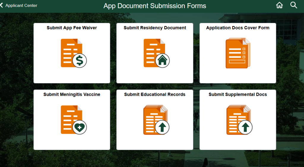 Screen shot of the application document submission forms
