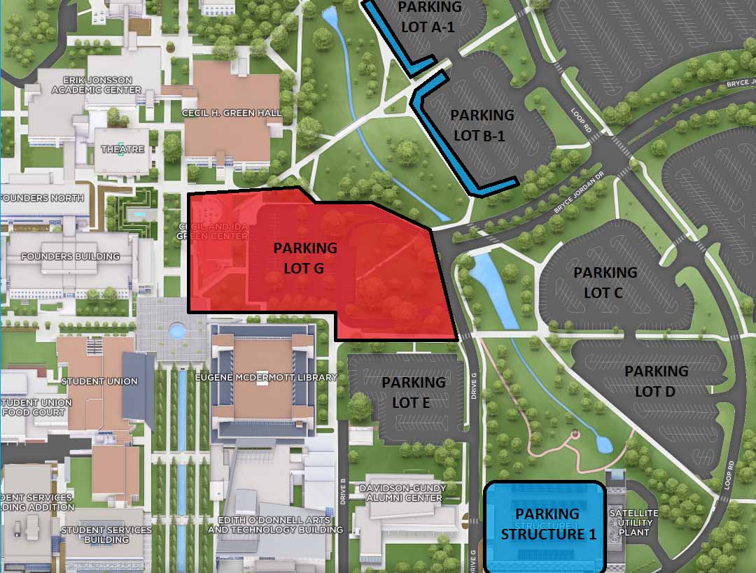 Map of the east side of the UTD campus showing the closure of Lot G.