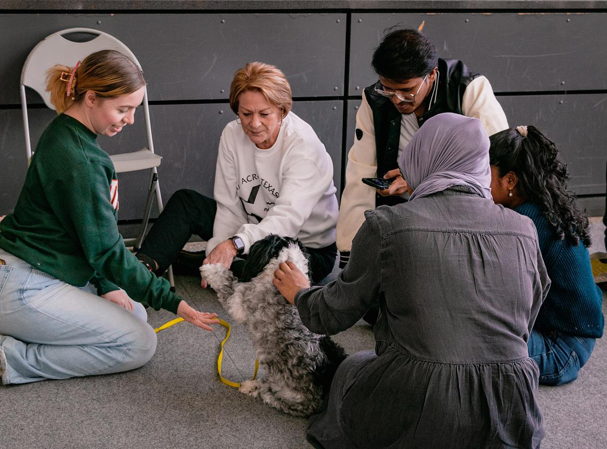 A group of people sitting on the floor with a dog.